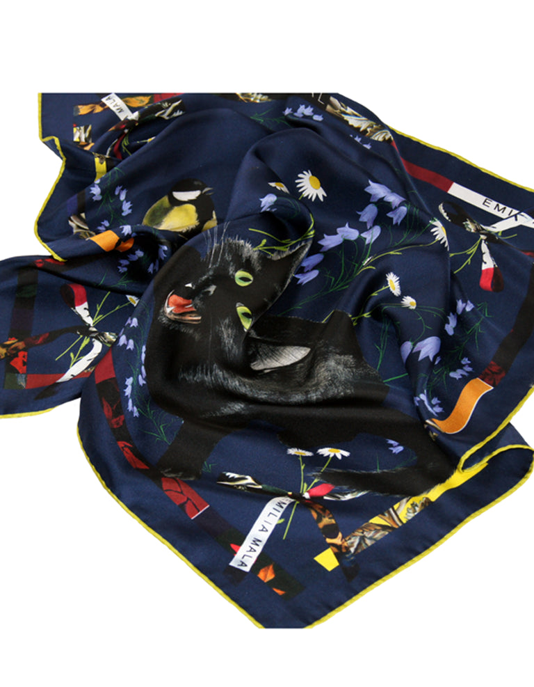 Cat Sauvage Silk Scarf / Midnight